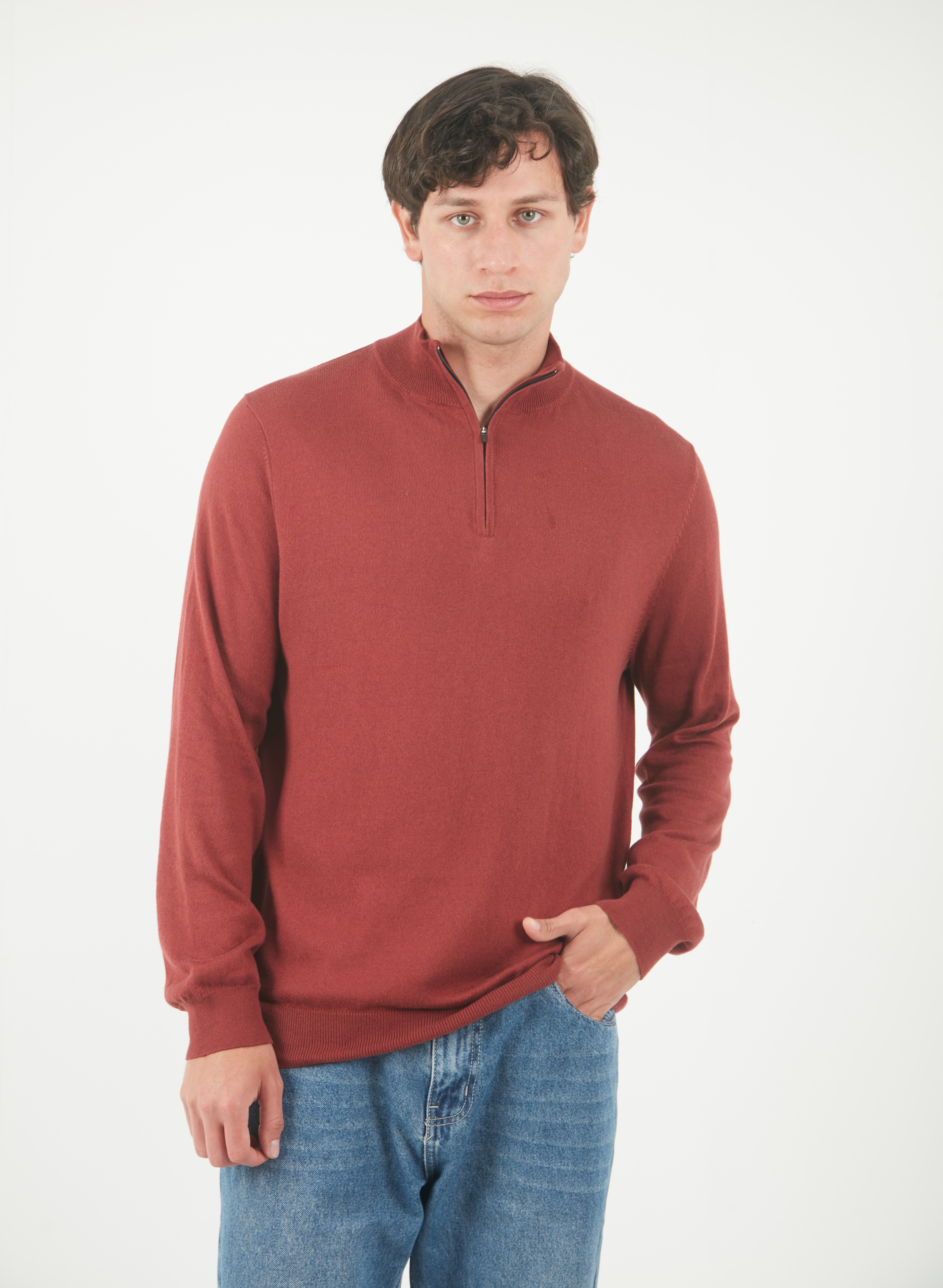 Knitted Quarter-Zip Sweater - Red Cinammon